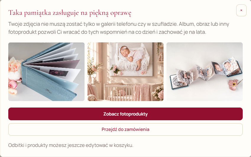 Propozycja przejścia do fotoproduktów po wyborze odbitek