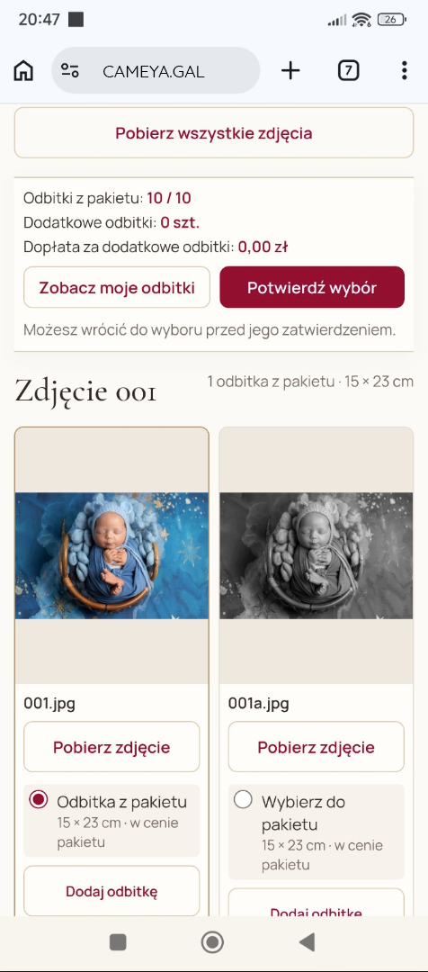 Mobilny ekran wyboru odbitek i wersji zdjęcia